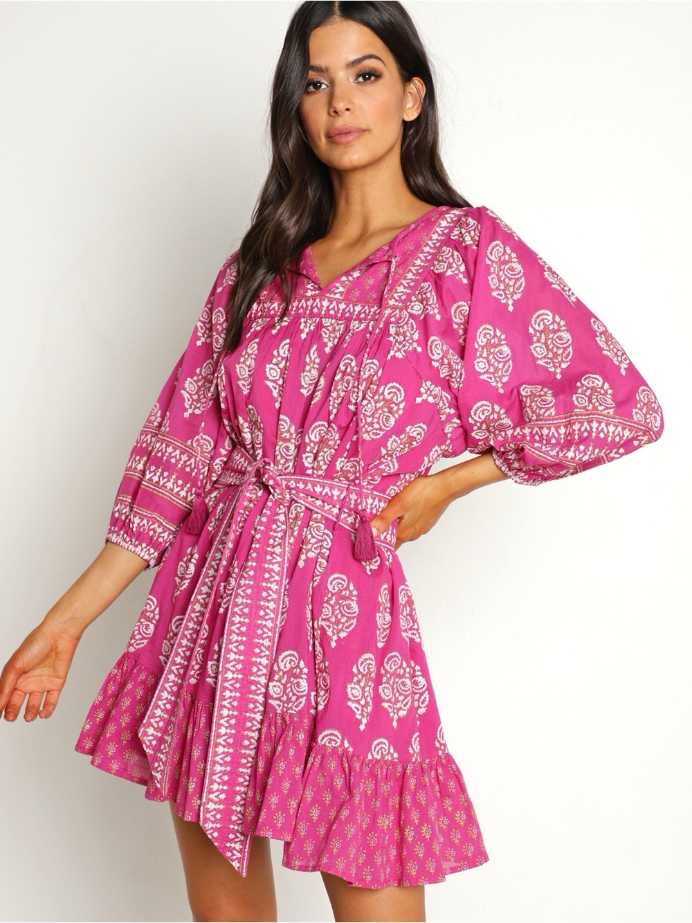 Cleobella Mini Dress Pink Magdalena Mix Block Print V Neck Waist Tie Boho Small
